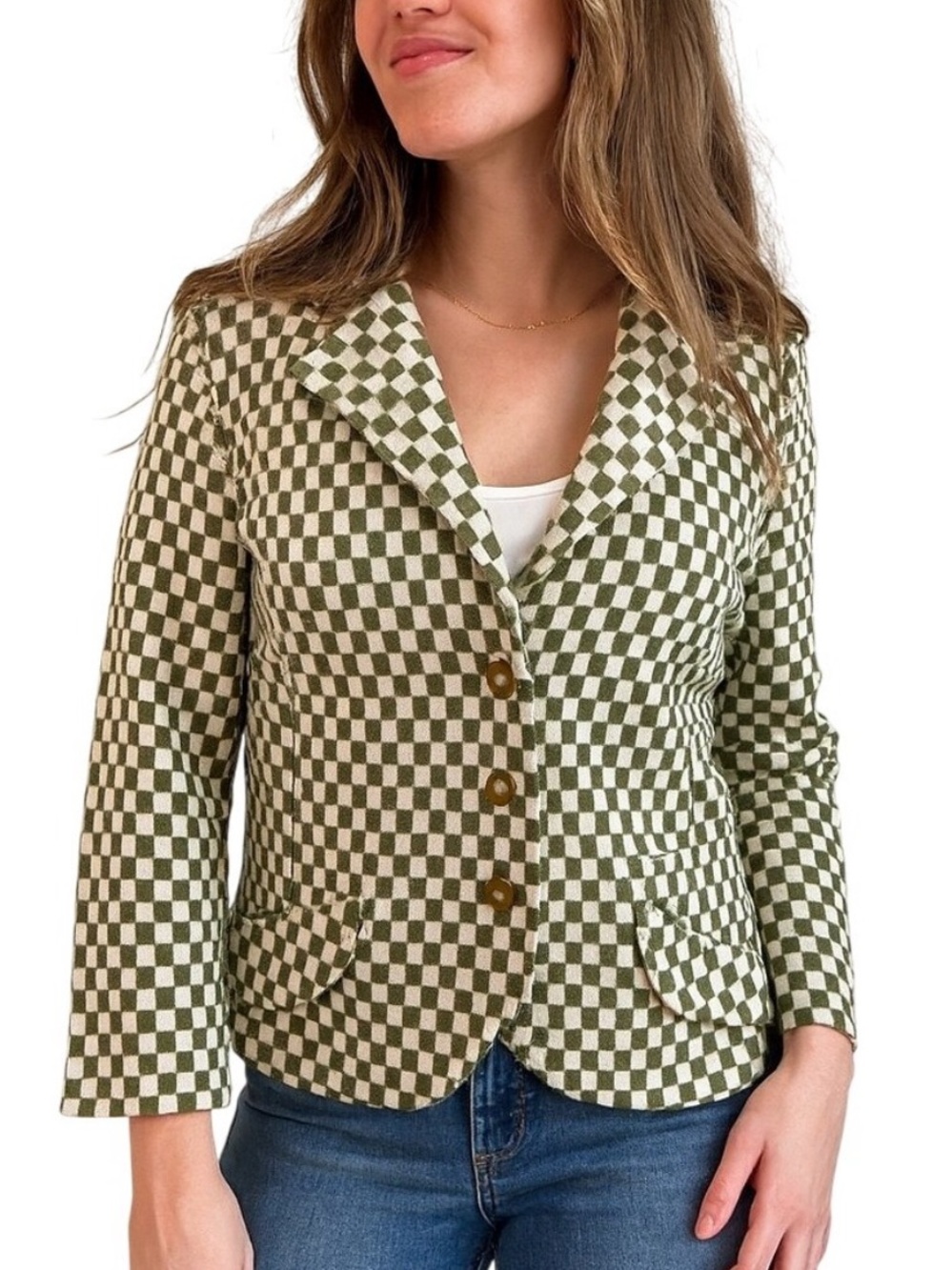 KNITS BY CAMELON Vintage‎ 70s Green Cream Checkered Knit Blazer Sweater
